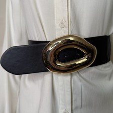 Black PU leather elastic waistband belt with gold tone buckle