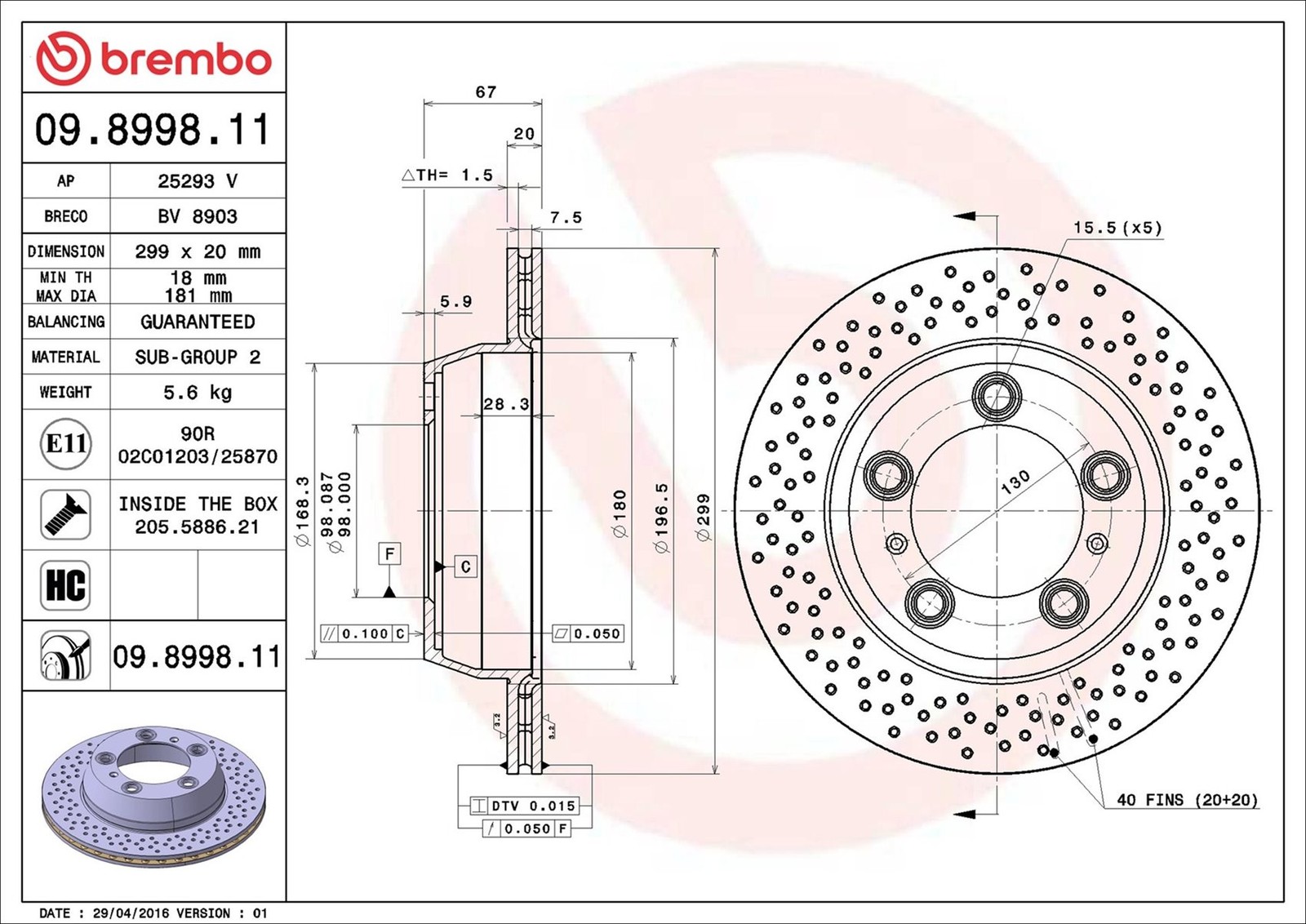 Rear Set 2x Brake Discs BREMBO 09.8998.11 for Porsche Boxster/Cayman (16-21) - Image 18
