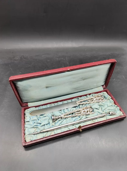 1920s French Industrial Art Deco Silver Metal Desk Set Letter Opener Pen Seal