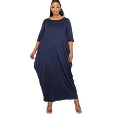 Livd Lagenlook Diana Maxi Dress Woman Plus 2X Navy USA Made Side Pockets Lounge 