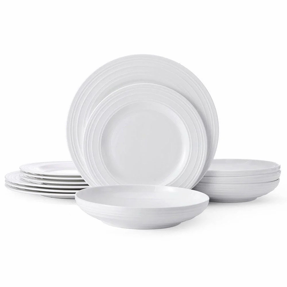 SWIRL BONE 12 PIECE DINNERWARE SET WITH PASTA BOWLS, SERVICE
