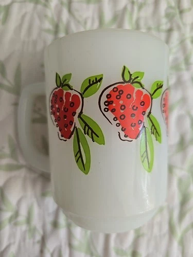 Vintage Strawberry Fire King By Anchor Hocking Milkglass Mug 4"x3" Milk Glass