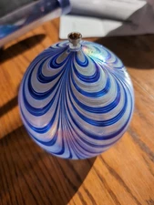 Hand Blown Glass Oil Lamp~Ball Swirled Blue Cobalt MidCentury~Large 16.5" Around