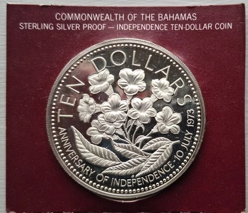 Ten-Dollar proof silver coin from the Bahamas, Independence Day in 1973