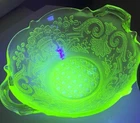 Uranium Glow LANCASTER LANDRUM GREEN Depression Cane Bottom Flowers Serving Bowl