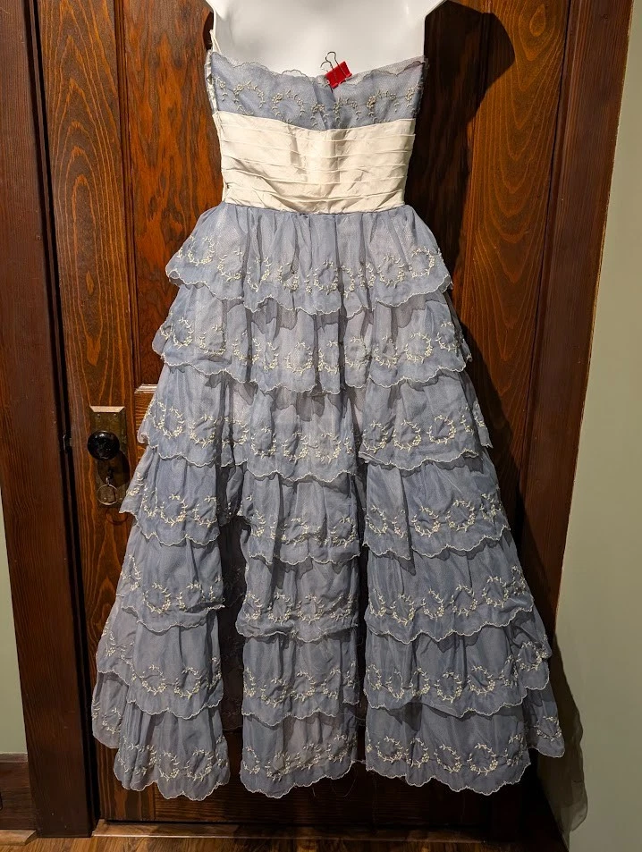 Vestido de festa vintage anos 50 feito à mão sem alças renda aço azul cupcake tule formatura 0 2 Cl - Imagem 3 de 4