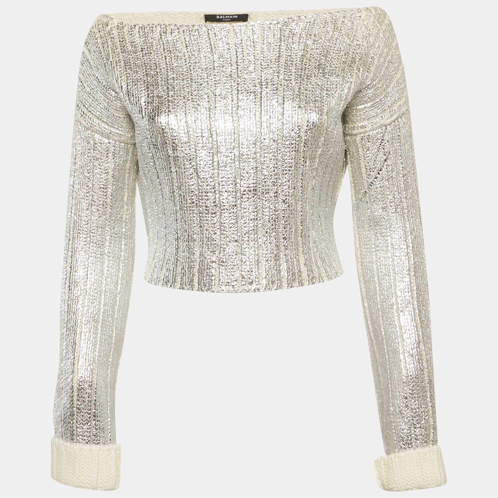 Balmain Silver Metallic Coated Rib Knit Sweater S