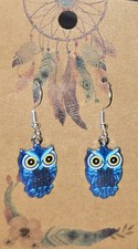Dangle Enamel Dark Blue Owl Earrings With .925 Sterling Silver Hooks Gifts