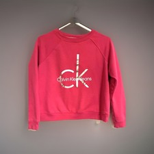 Calvin Klein Jeans Shocking Pink Sweatshirt Crew Crop Long Sleeve Logo Large EUC