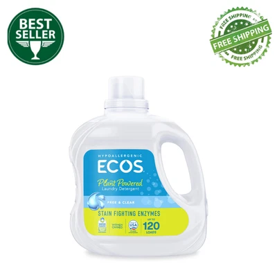 ECOS Plus Liquid Laundry Detergent w Stain-Fighting Enzymes, Free & Clear, 110oz