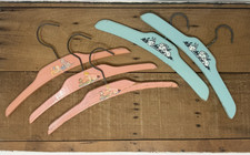 5 Vintage 1930s Painted Wooden Childs Hangers Pink Blue Cats Bunny Nursery