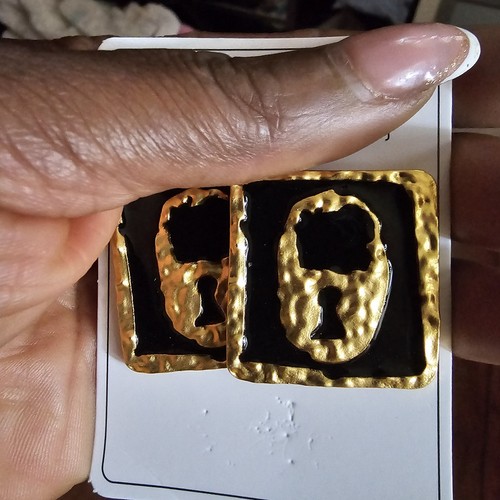 Schiaparelli Inspired Padlock Key Hole To The Heart Black& Gold Stud earrings - Picture 7 of 15