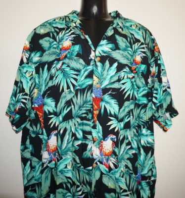 VTG Paradise Found Hawaiian Shirt Men's 2XL Green Red Black Parrots Rayon
