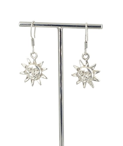 Pendientes de alambre francés vintage pequeños colgantes sol sonriente de plata esterlina - Imagen 2 de 9