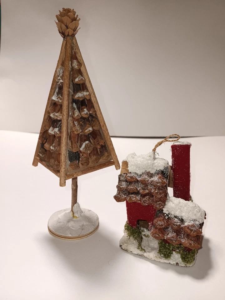 Lote De Colección Piña Putz Cartón Fieltro Casa Árbol De Navidad Rústico Foto 3 de 4