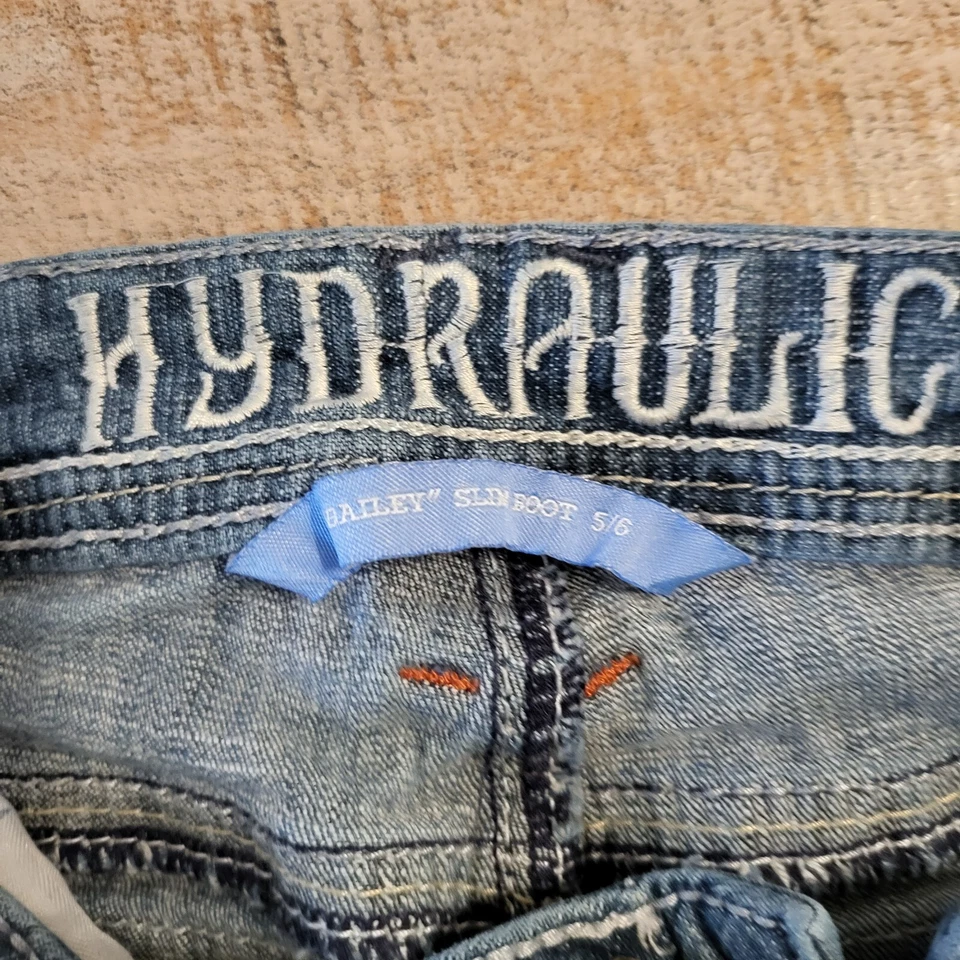 Pantalones de mezclilla hidráulicos Bailey bota ajustada tiro bajo azul elástico angustia talla 5/6 elásticos Foto 4 de 4