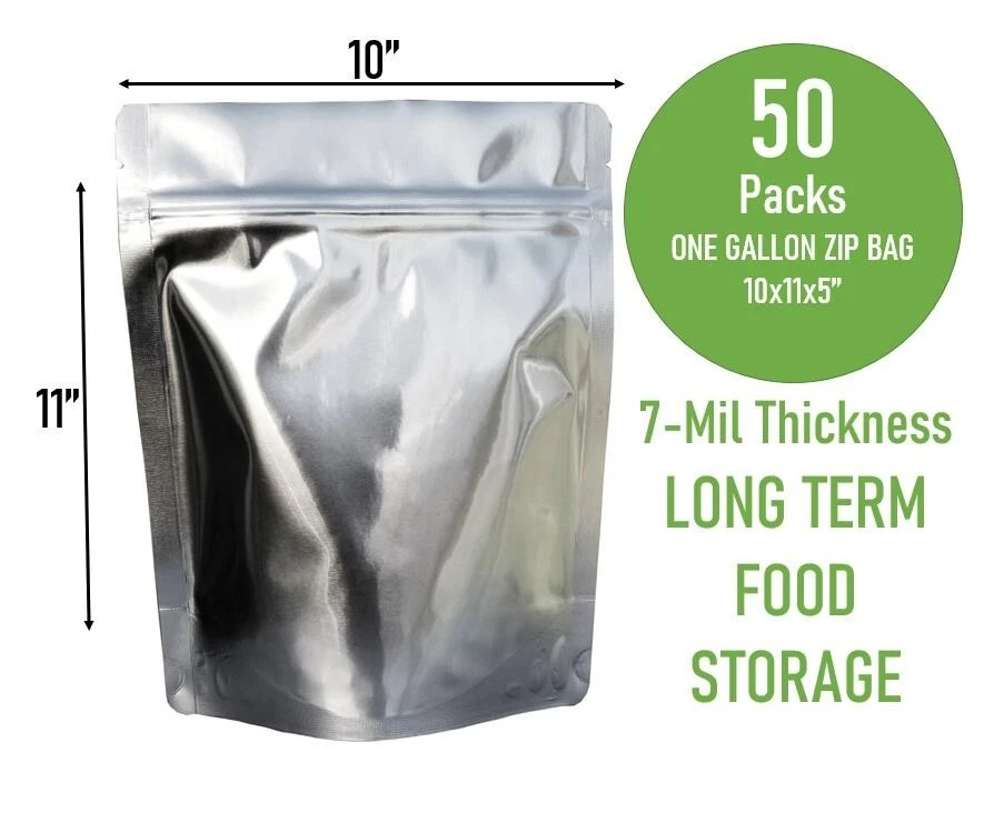 (50PC) 1 Gallon Mylar Bags Stand Up 14 Mil Gusset Zip Seal Storage Reusable