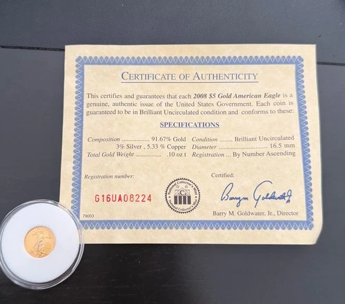 2008 $5 Gold American Eagle 1/10 oz BU – With National Collector’s Mint COA