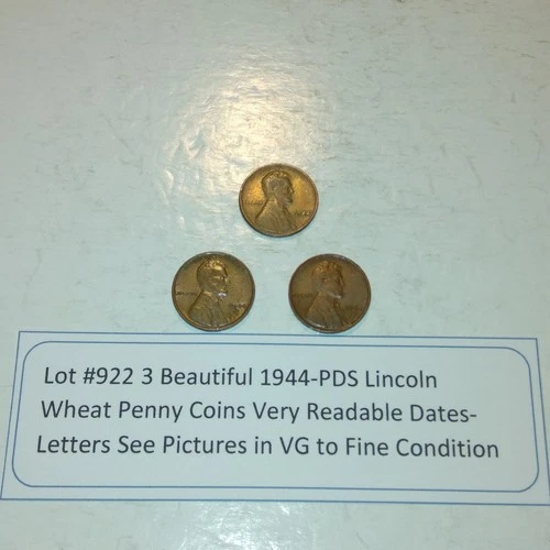 Lot #922 3 Beautiful 1944 Lincoln Wheats 1944-P 1944-D 1944-S F-VF See Pictures