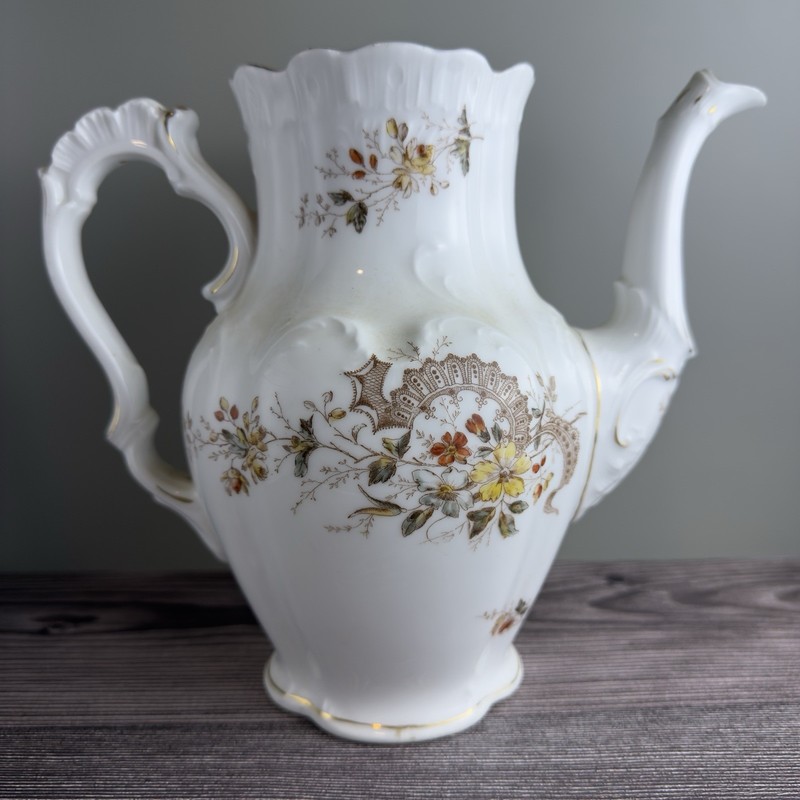Vintage Floral Porcelain Teapot with Gold Trim – Embossed Detailing – 9.5” Tall