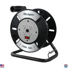 Heavy-Duty Extension Cord Storage Reel with 4 Outlets - Portable Crank Holder