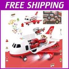Interactive Airplane Toy with Fire Truck Cars & Play Mat - Lights & Sounds