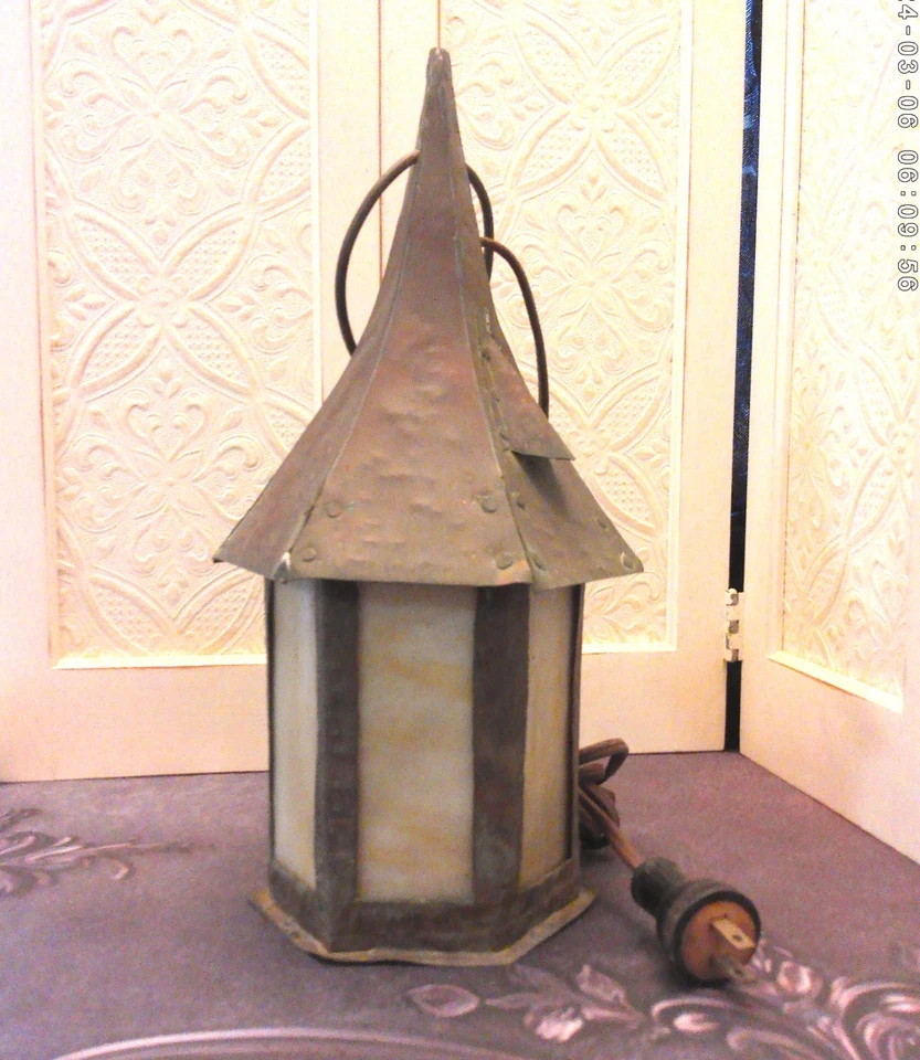 Lâmpada suspensa antiga de cobre e vidro escória com corrente de puxar obras de estilo artes e artesanato - Imagem 2 de 4