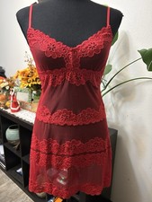 Vintage Frederick  s of Hollywood Dainty Red Sheer Lace Coquette Slip Dress M