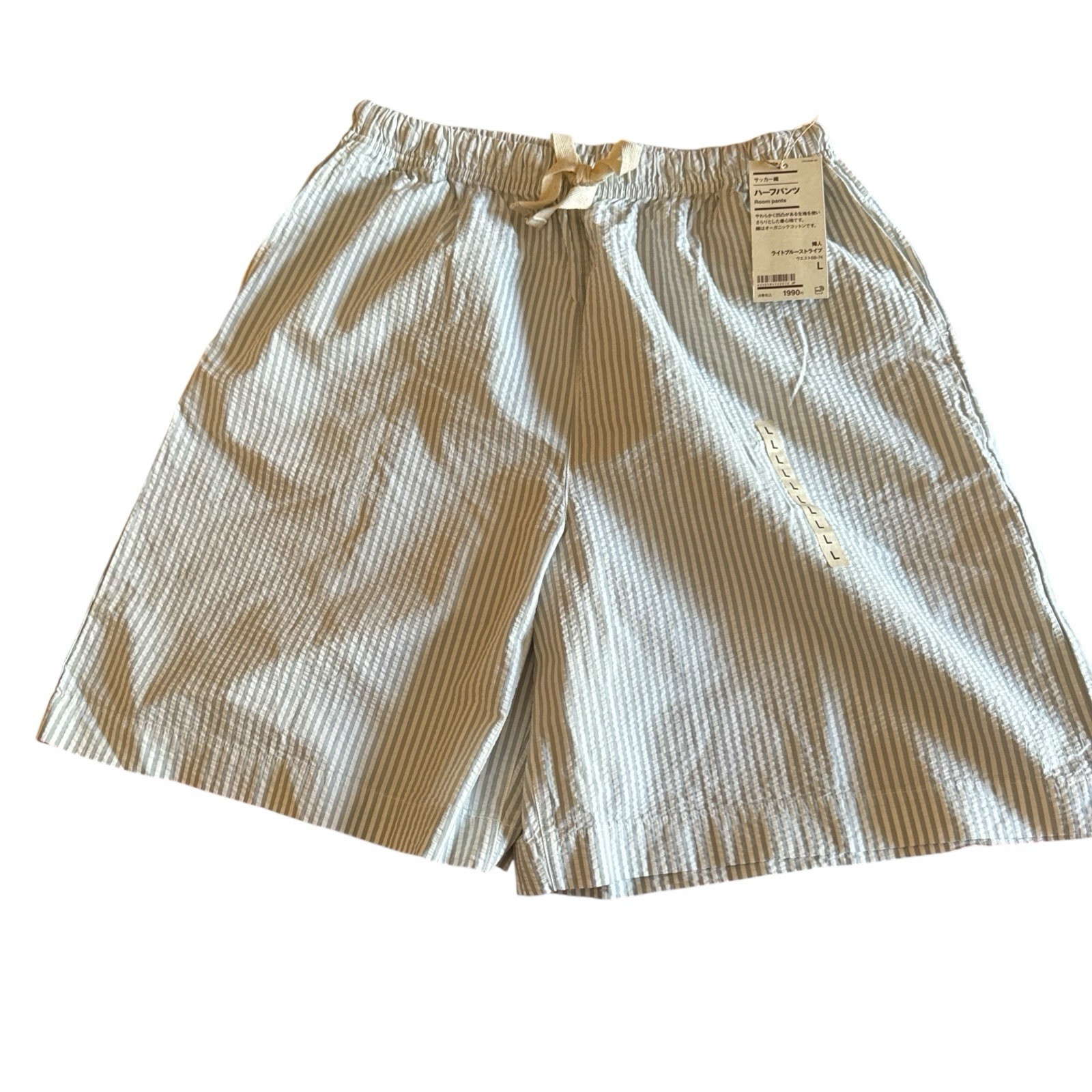MUJI Womens Lg L 100% Cotton Seersucker Half Pants Shorts Blue Stripe