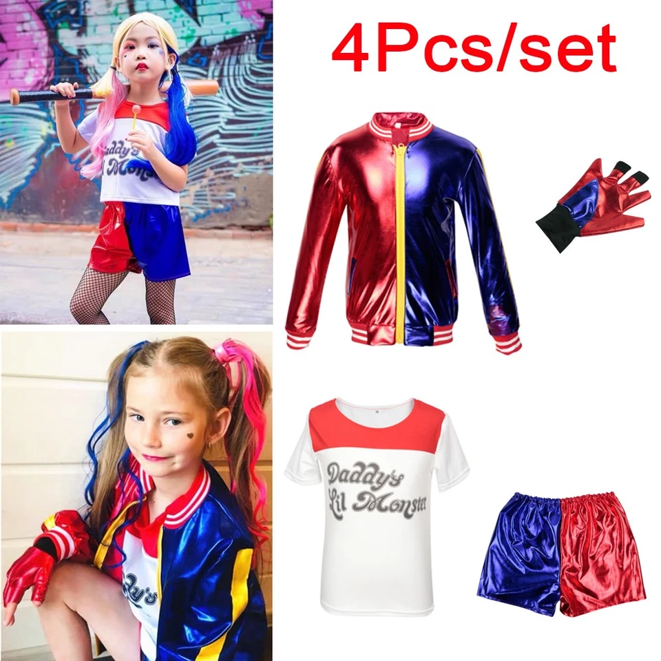5PCS Kids Outfit Harley Quinn Suicide Squad Girl Halloween Cosplay Costume Suit - Image 4 of 4