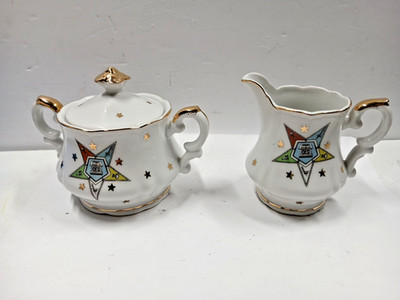 Vintage Lefton China Hand Painted Order of the Eastern Star Sugar & Creamer Rare