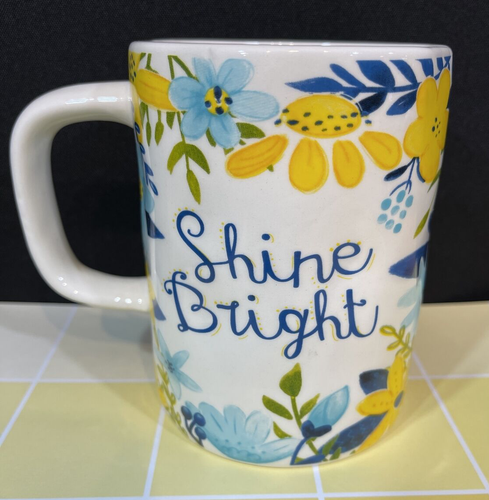 SHINE BRIGHT BE FREE Kaffee Tee Becher Tasse 18 Unzen Blau Gelb Blumen EPOC - Bild 1 von 5