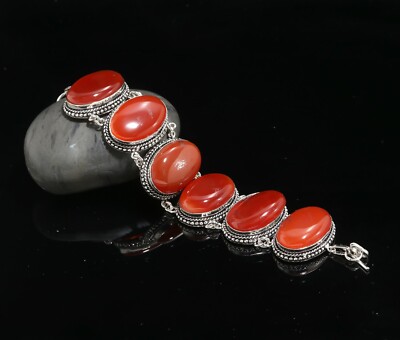 Natural Carnelian Gemstone 925 Sterling Silver Handmade Jewelry  Bracelet 8''