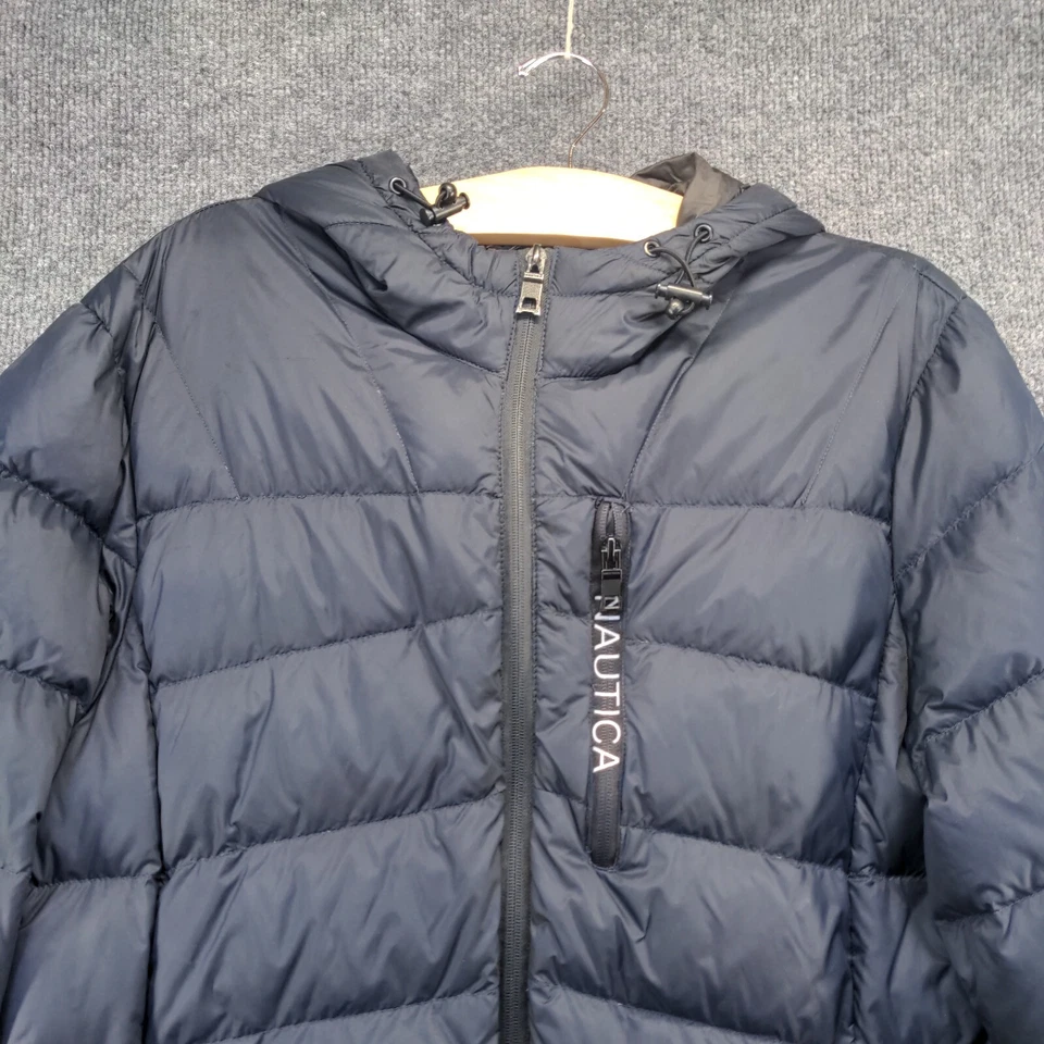 Chaqueta acolchada para mujer Nautica azul medio con capucha cremallera completa nailon Foto 3 de 4