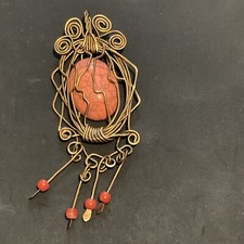 Wire Wrapped Brass Handmade Pendant 3" Pink Gemstone Jewelry