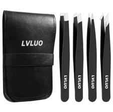 Premium Tweezers Set 4-Piece Professional Stainless Eyebrow Hair Pluckers +Case