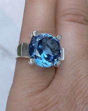 Vintage Sterling Silver Large Round Blue Quartz Ring  Size 6.5