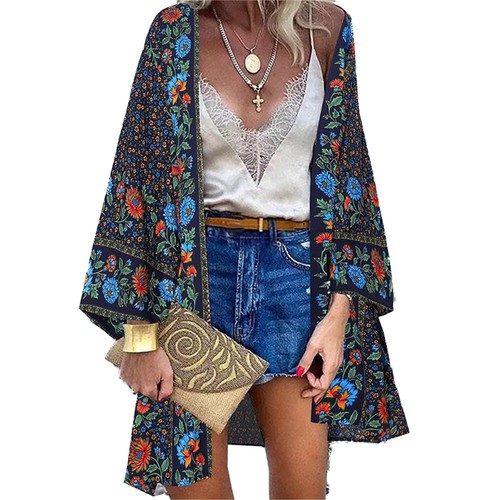 Womens Bohemia Floral Cardigan Kimono Sleeve Beach Cover Up Tops Front Open Coat - Picture 5 of 17