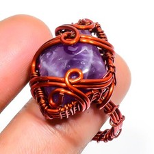 African Amethyst Gemstone Copper Ring Handcrafted Wire Wrap Gift Jewelry 6.5" S6
