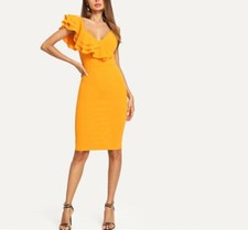 Sleeveless Ruffle Layered Trim Split Back Bodycon Dress