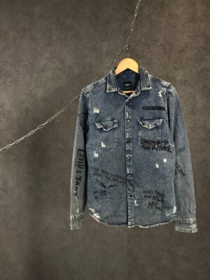 Zara Man art crazy distressed denim shirt