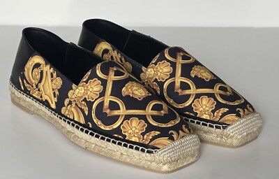 VERSACE Barocco Print Gold/Black Canvas Espadrilles 11.5 US 1014774 NIB $700