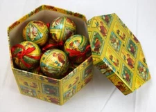 Box of 12 Merry Christimas Cheer Round Ball Ornaments Paper Mache/Decoupage