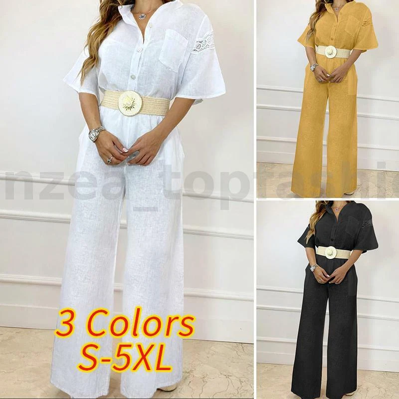 Women Cotton Jumpsuit Half Sleeve Long Plain Playsuits Oversized Overalls Romper