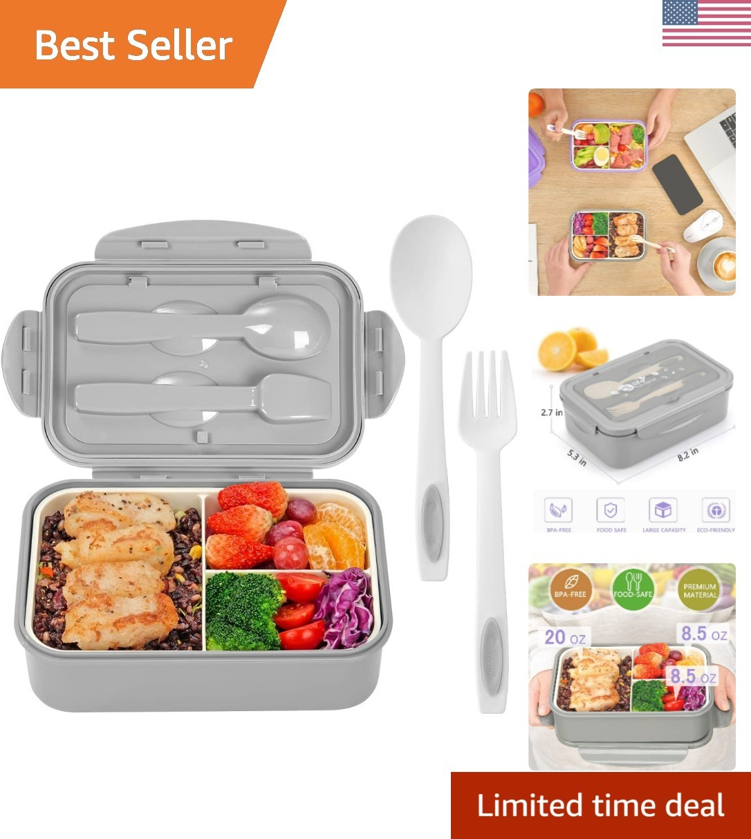 Es For Adults - 1100 Ml Bento Lunch Box Container For Kids With Spoo...
