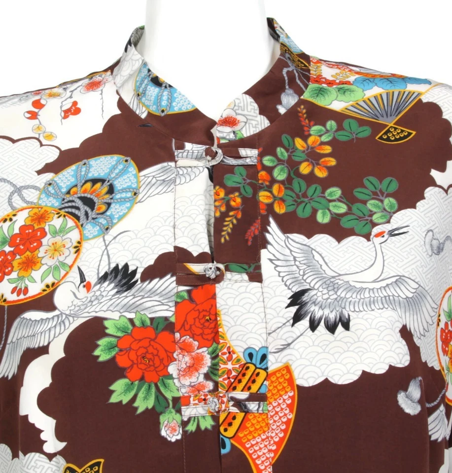 HILO HATTIE Grúa en el Cielo Gráfico Completo Seda Top Cuello Mandarín talla M/267 Foto 2 de 4