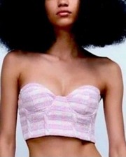 NWT Zara Women  s Tweed Bustier Corset Crop Top Pink Purple White Size Small