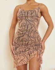 NWT Pretty Little Thing Nude Abstract Ruched Bodycon Sleeveless Dress Size 12