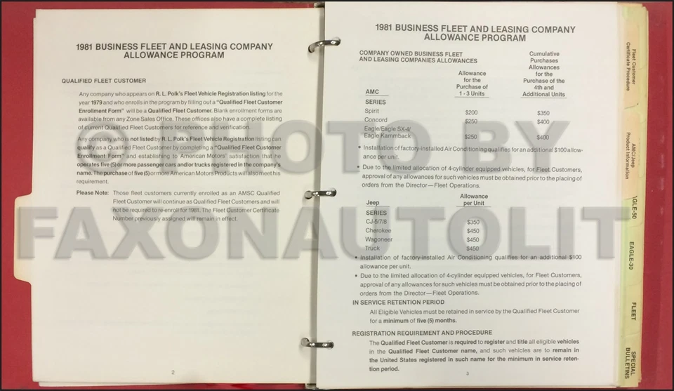 Jeep Renualt 1981 AMC Fleet Facts libro concesionario álbum opciones de datos características colores Foto 2 de 2