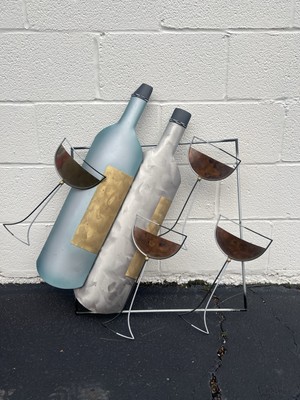 Vintage BRUTALIST WINE BOTTLE GLASSES Metal Wall Art Sculpture att Curtis  Jere